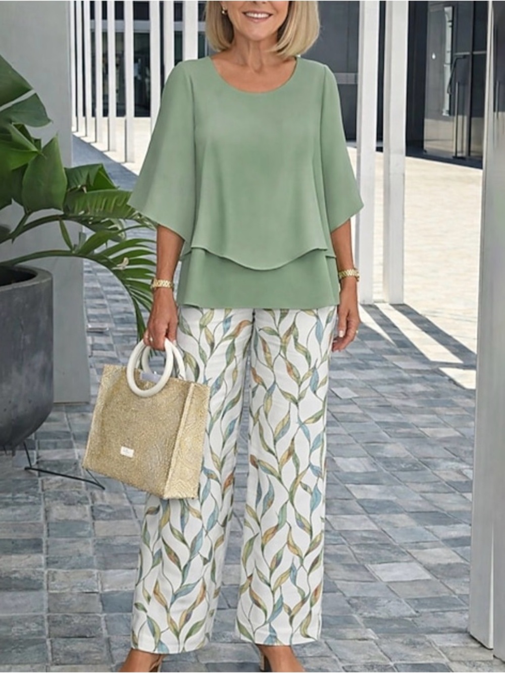 Casual Wide-Leg Leaf Print Pants with Sage Green Top